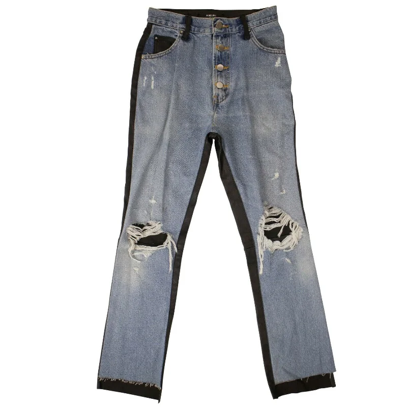 Instant Savings Amiri Denim Leather Jeans- Blue/Black