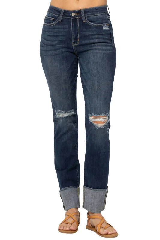 Get It Before It’s Gone Destroyed Cuffed Straight Leg Jeans In Blue