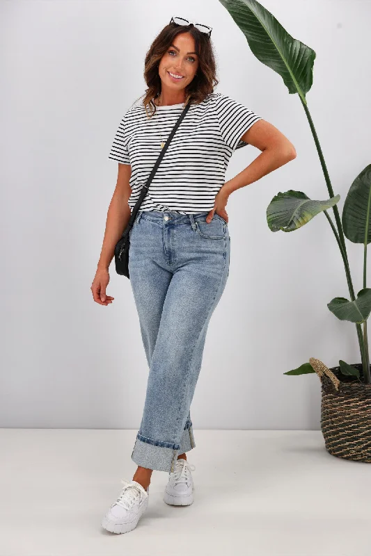 Big Savings Shine On Label Zeke Wide Leg Jean with Turn Up Hem Washed Blue