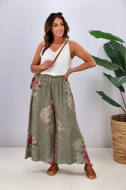 Midnight Madness Cali & Co Wide Leg Linen Floral Pant Khaki