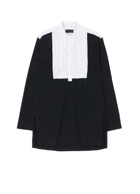 Limited Time 40/2 COTTON JERSEY + STRIPED FABRIC CHEST PIN TUCKED SHIRT