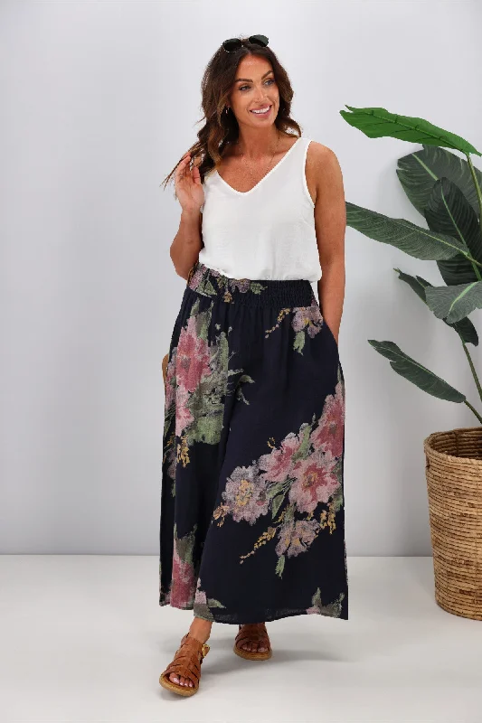 Online Exclusive Cali & Co Wide Leg Linen Floral Pant Navy