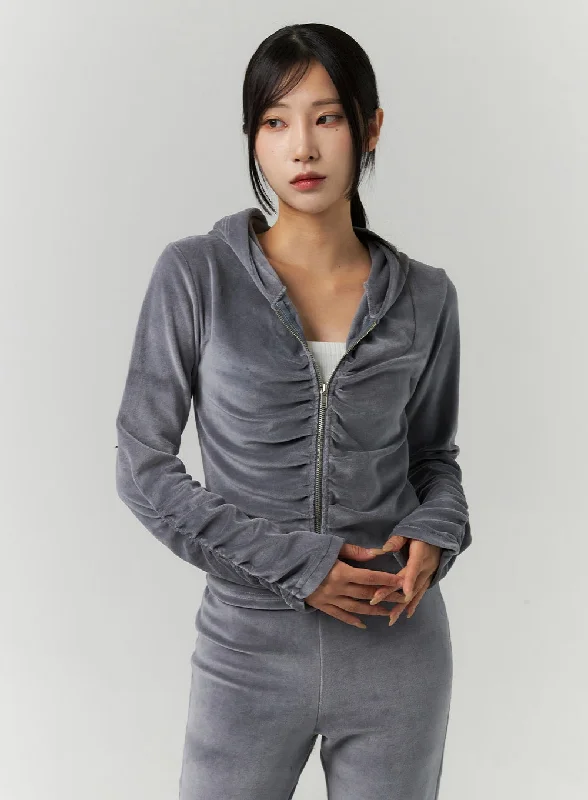 Weekend Discounts to Delight Velvet Shirred Hoodie Zip Up Jacket CN321