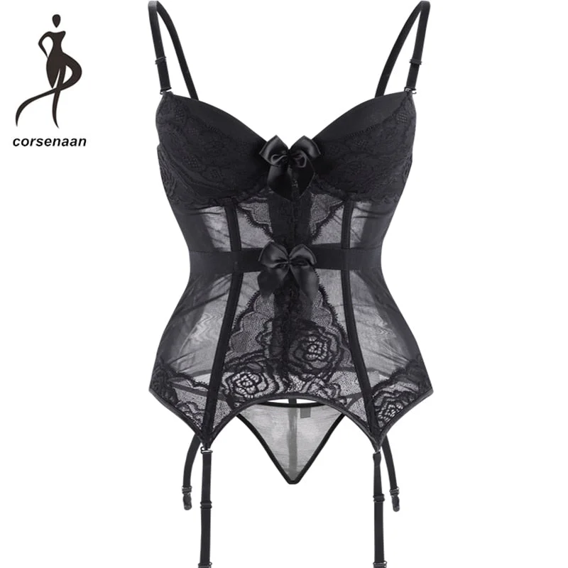 Best Seller Adjustable Straps Sexy Lingerie Women Underwear Transparent Lace Bra Corset Padded Bustier With Suspenders Size S-2XL 944#