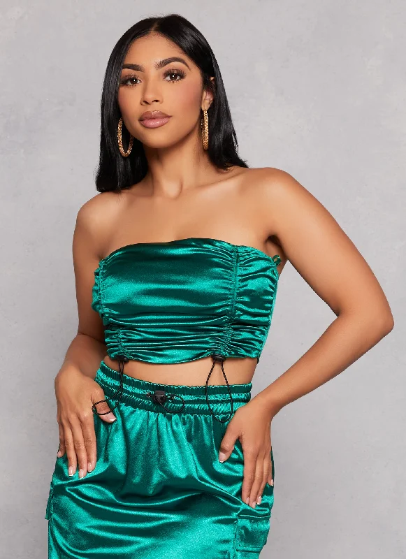 Clearance Sale Satin Ruched Toggle Drawstring Tube Top