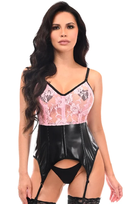 Hot Buy Lavish Black/Pink Wet Look & Lace Bustier Corset w/Garters