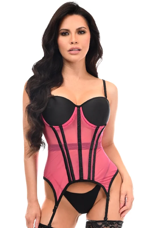 Shop Now Lavish Pink/Black Mesh Underwire Bustier Corset w/Garters