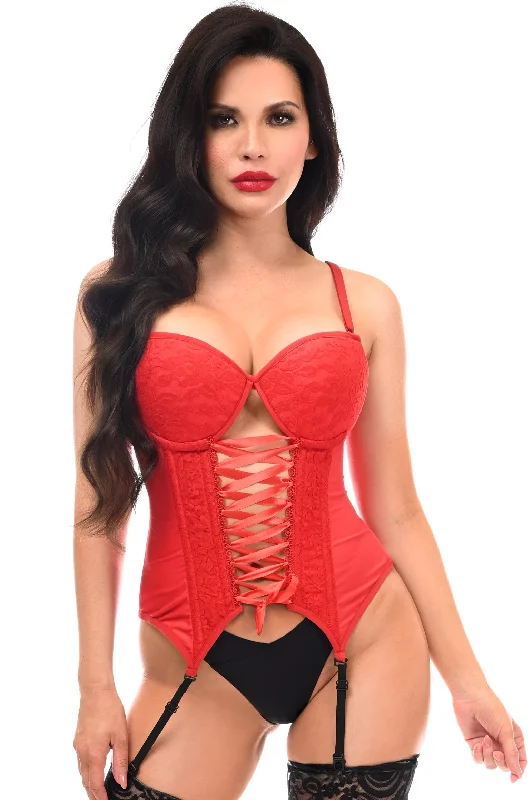Midnight Madness Lavish Red Lycra & Lace Hook & Eye Lace-Up Bustier Corset w/Garters Midnight Madness Lavish Red Lycra & Lace Hook & Eye Lace-Up Bustier Corset w/Garters