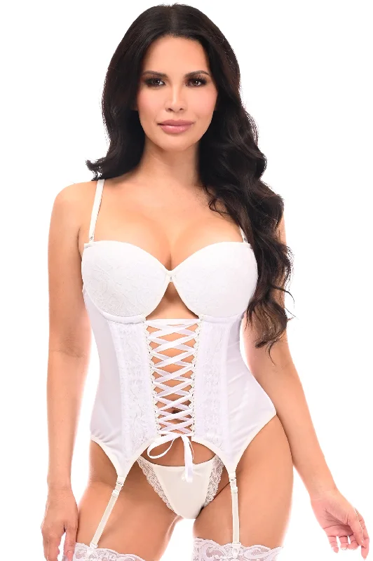 Sale Event Lavish White Lycra & Lace Hook & Eye Lace-Up Bustier Corset w/Garters