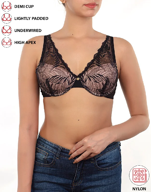 Weekend Savings Sensation LOSHA DEMI CUP HIGH APEX FEATHER LIGHT PADDED LACE CUP BRA-BLACK