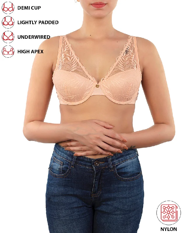 Weekend Offers That Shine LOSHA DEMI CUP HIGH APEX FEATHER LIGHT PADDED LACE CUP BRA-ROSE CLOUD