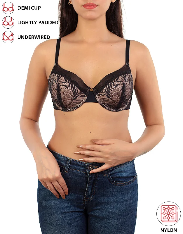 Weekend Offers That Delight LOSHA FEATHER LIGHT PADDED  LACE DEMI CUP BRA-BLACK