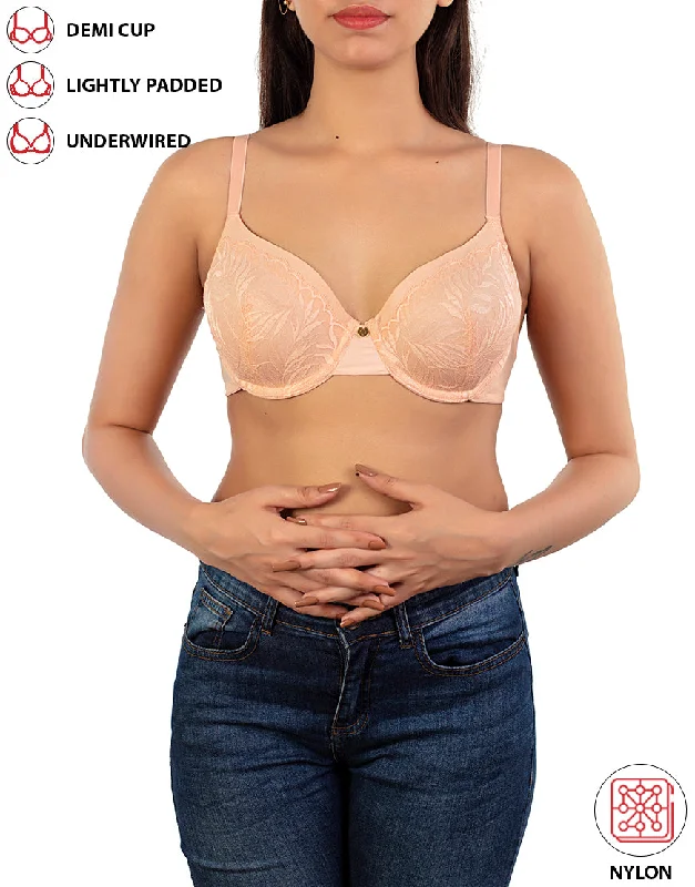 Weekend Discounts to Snag LOSHA FEATHER LIGHT PADDED  LACE DEMI CUP BRA-ROSE CLOUD