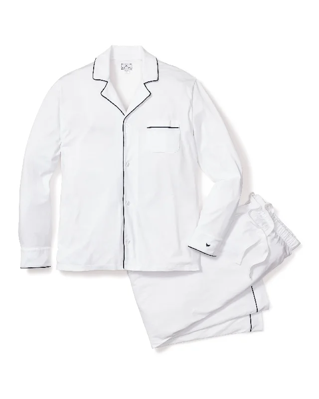 Men's Pima Pajama Set in White with Navy Piping