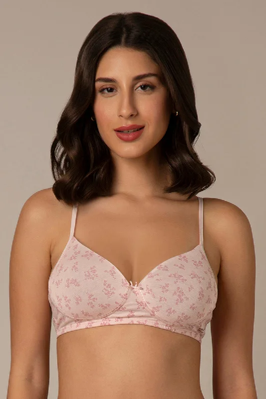 Price Cut Simply Soft Padded Non-Wired Cotton Bra - Pink Floral Print
