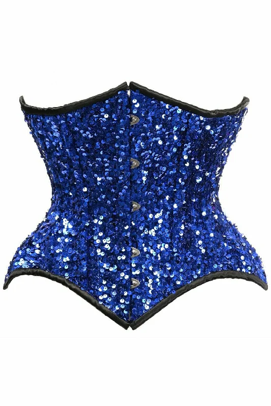 Year-End Deals Top Drawer Steel Boned Blue Sequin Curvy Cut Waist Cincher Corset