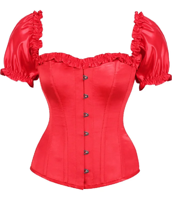 Major Deal Top Drawer Steel Boned Red Satin Overbust Corset w/Sleeves