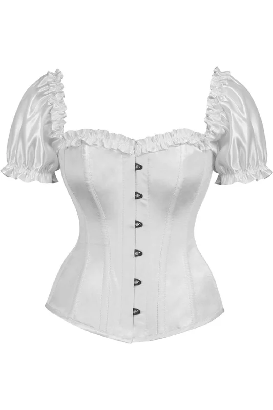Act Fast Top Drawer Steel Boned White Satin Overbust Corset w/Sleeves