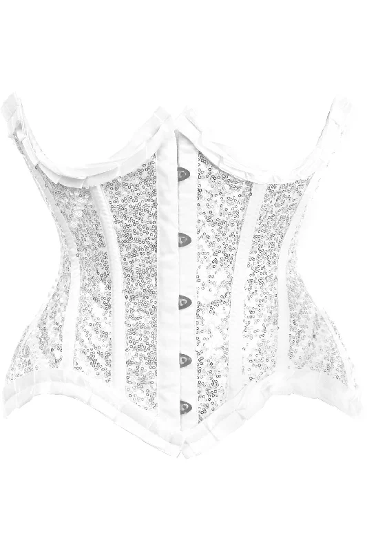Reduced Rates Top Drawer White/Silver Satin & Sequin Underwire Curvy Cut Steel Boned Waist Cincher Corset Reduced Rates Top Drawer White/Silver Satin & Sequin Underwire Curvy Cut Steel Boned Waist Cincher Corset