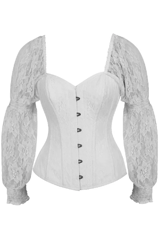 Quick Deals Top Drawer White w/White Lace Steel Boned Long Sleeve Corset