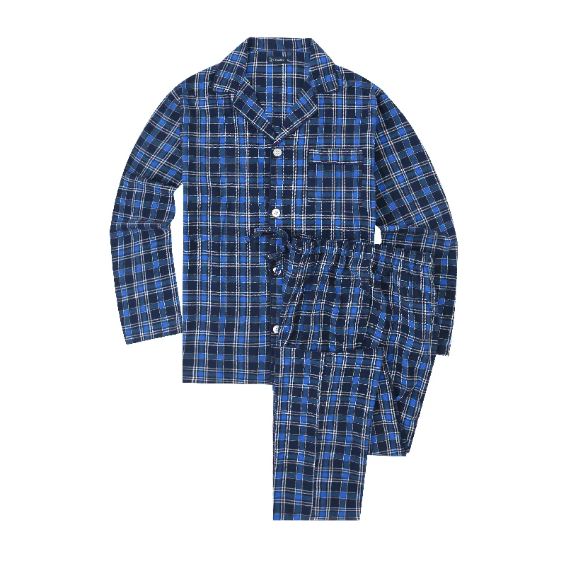 Mens Pajamas Set - 100% Cotton Flannel Pajamas for Men - Plaid Navy-Blue-White