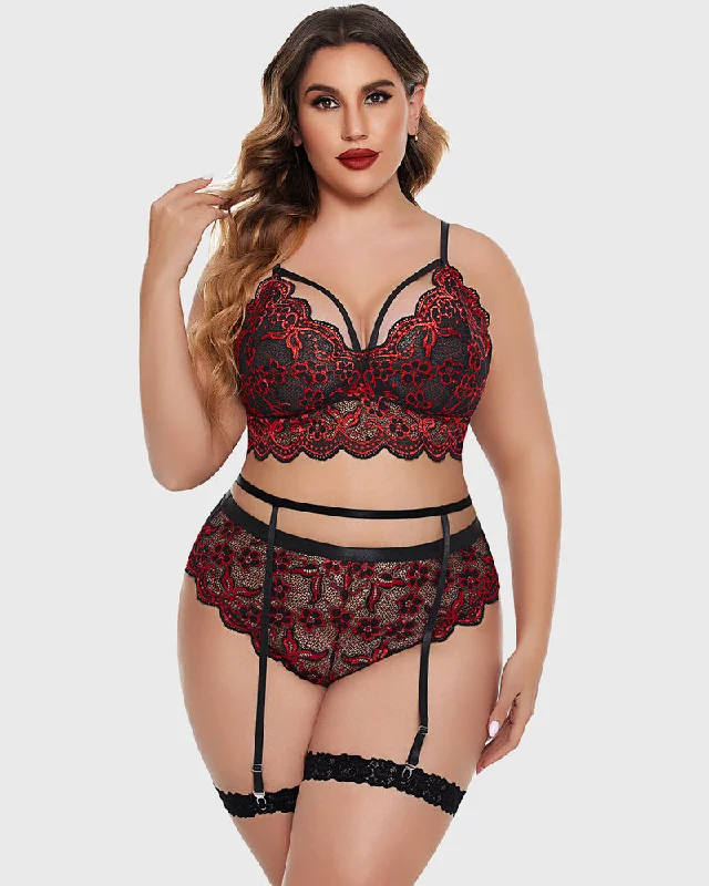 Fantastic Deals Plus Size Floral Lace Trim Bra High Waist Panties Set