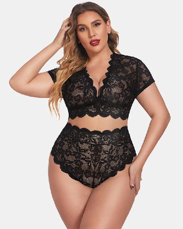 Exclusive Offers Plus Size Floral Lace Trim Set Deep V Bra Panties Set
