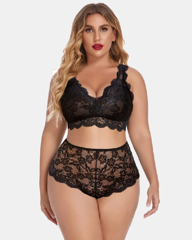 Extra Discounts Plus Size Lace Halter High Waist Panty Set