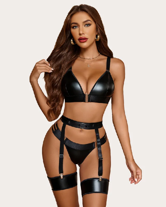 Super Sale Leather Garter 5 Piece Bra and Panty Set