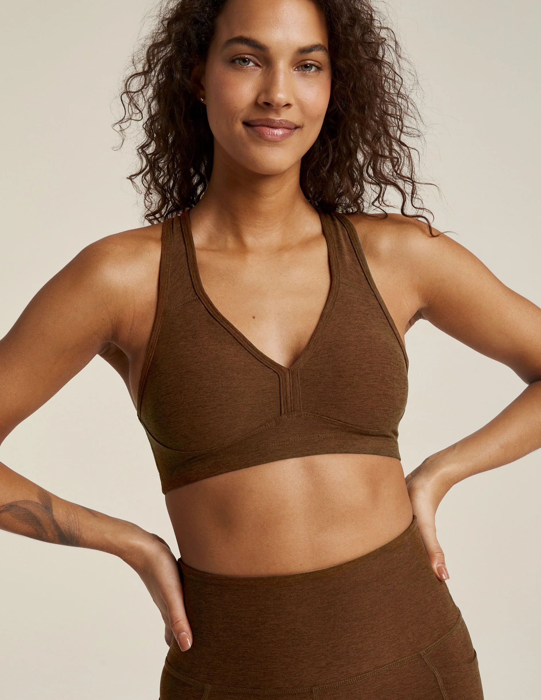 Markdowns Beyond Yoga Spacedye Lift Your Spirits Bra - Bold Mocha Heather