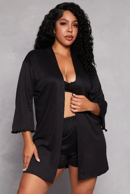 Plus Size Lace Trim Pajama Bralette and Shorts with Robe