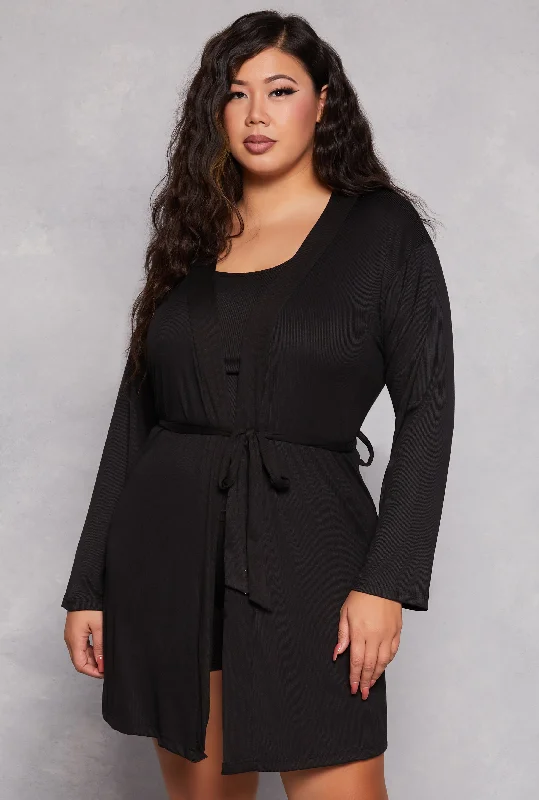 Plus Size Ribbed Knit Pajama Tank Top and Shorts with Robe