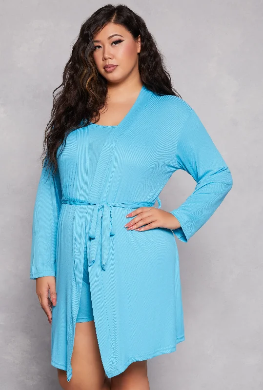 Plus Size Ribbed Knit Pajama Tank Top and Shorts with Robe