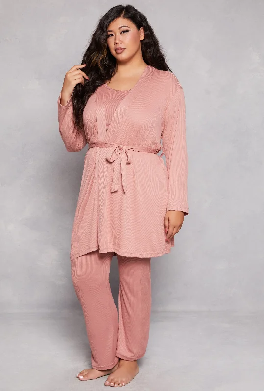 Plus Size Basic Pajama Tank Top and Pants with Robe