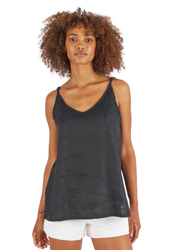 Weekend Offers That Please Cami-V Black Linen Top
