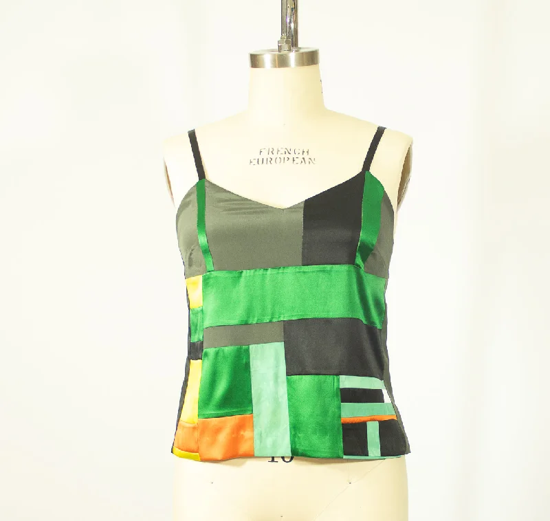 Weekend Deals That Please Patchwork Medium Stretch Silk Camisole   Colors Grey Green Black