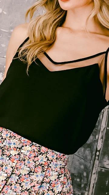 Weekend Discounts to Snag Galen V-Neck Mesh Trim Black Camisole
