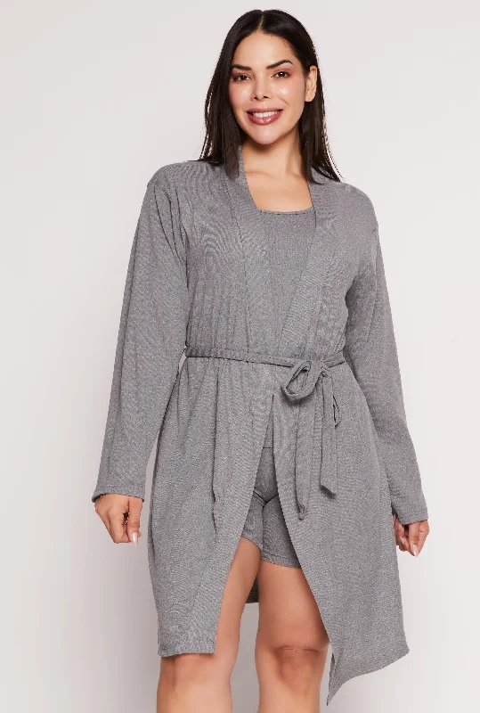 Plus Size Ribbed Knit Pajama Tank Top and Shorts with Robe