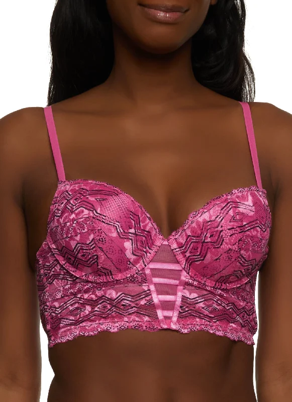 Midnight Sale Geo Print Caged Front Lace Longline Plunge Bra