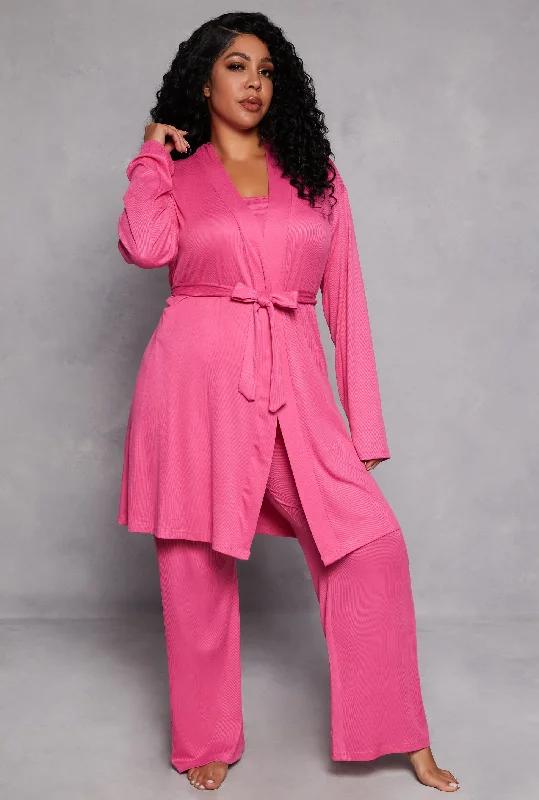 Plus Size Ribbed Knit Pajama Tank Top and Pants with Robe