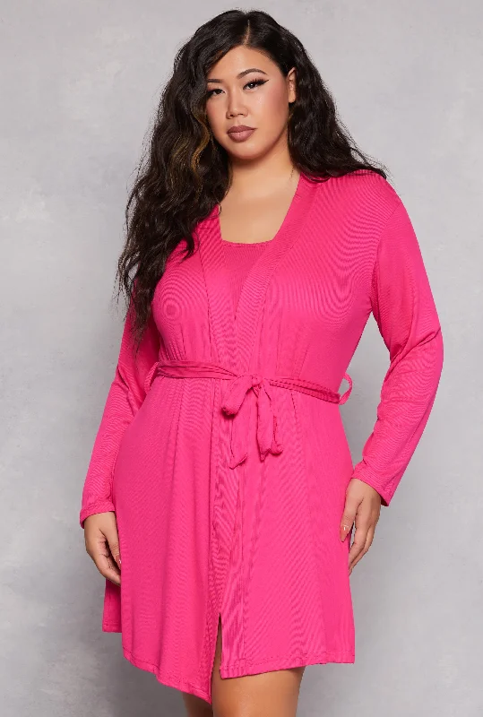 Plus Size Ribbed Knit Pajama Tank Top and Shorts with Robe