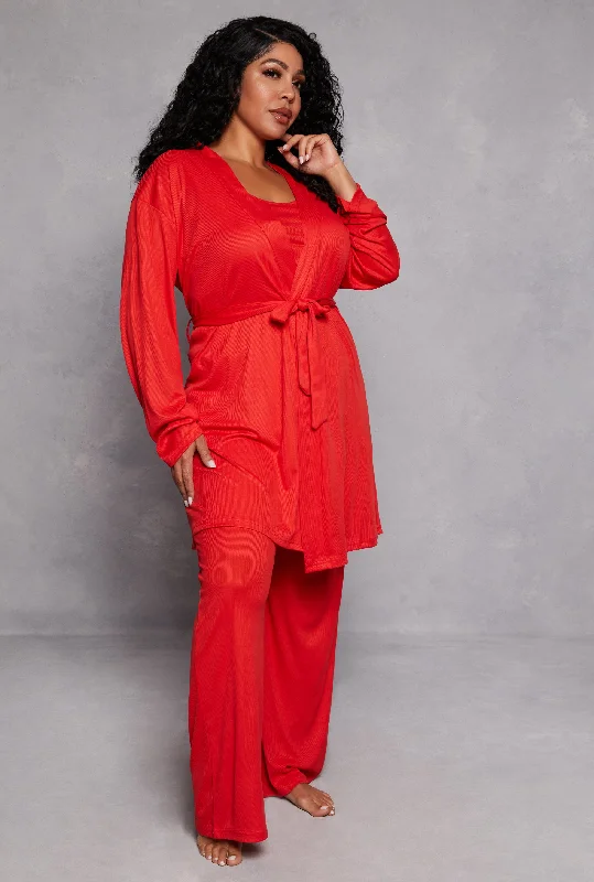 Plus Size Ribbed Knit Pajama Tank Top and Pants with Robe