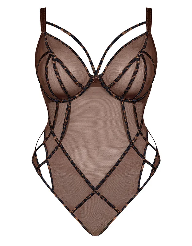 Final Sale Scantilly Senses Plunge Bodysuit Leopard Brown