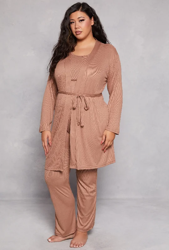 Plus Size Basic Pajama Tank Top and Pants with Robe