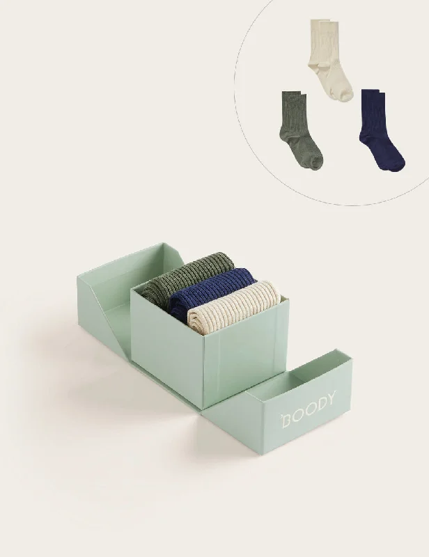 3-Pack Giftbox - Ribbed Crew Socks - Moss, Navy, Oatmeal