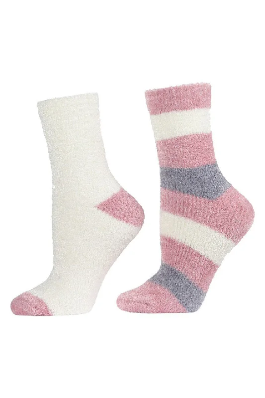 Chenille Striped/Solid Cozy Crew Socks - 2 Pair Pack