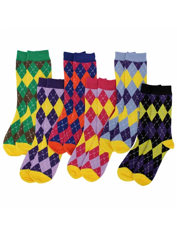 Colorful Funky Argyle Print 6 Pack Assorted Womens Socks