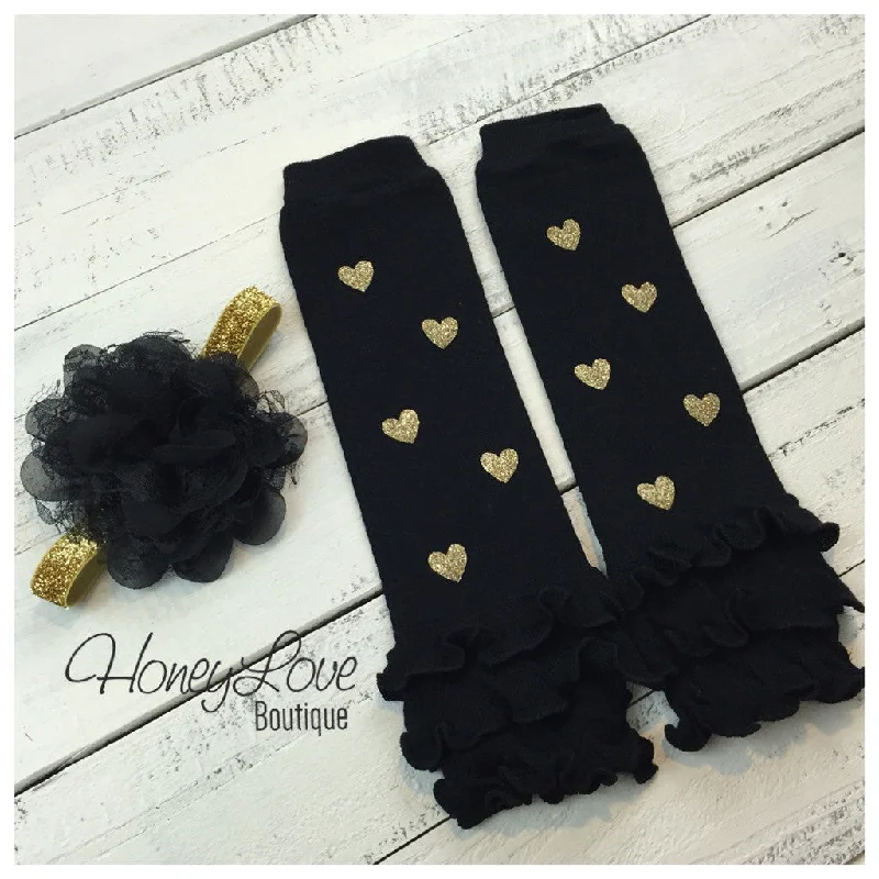 Black Leg Warmers with Gold Glitter Hearts and matching headband