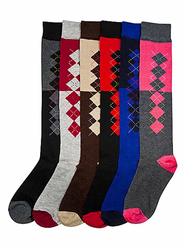 Micro Argyle Print Assorted Multicolor 6-Pack Knee High Socks